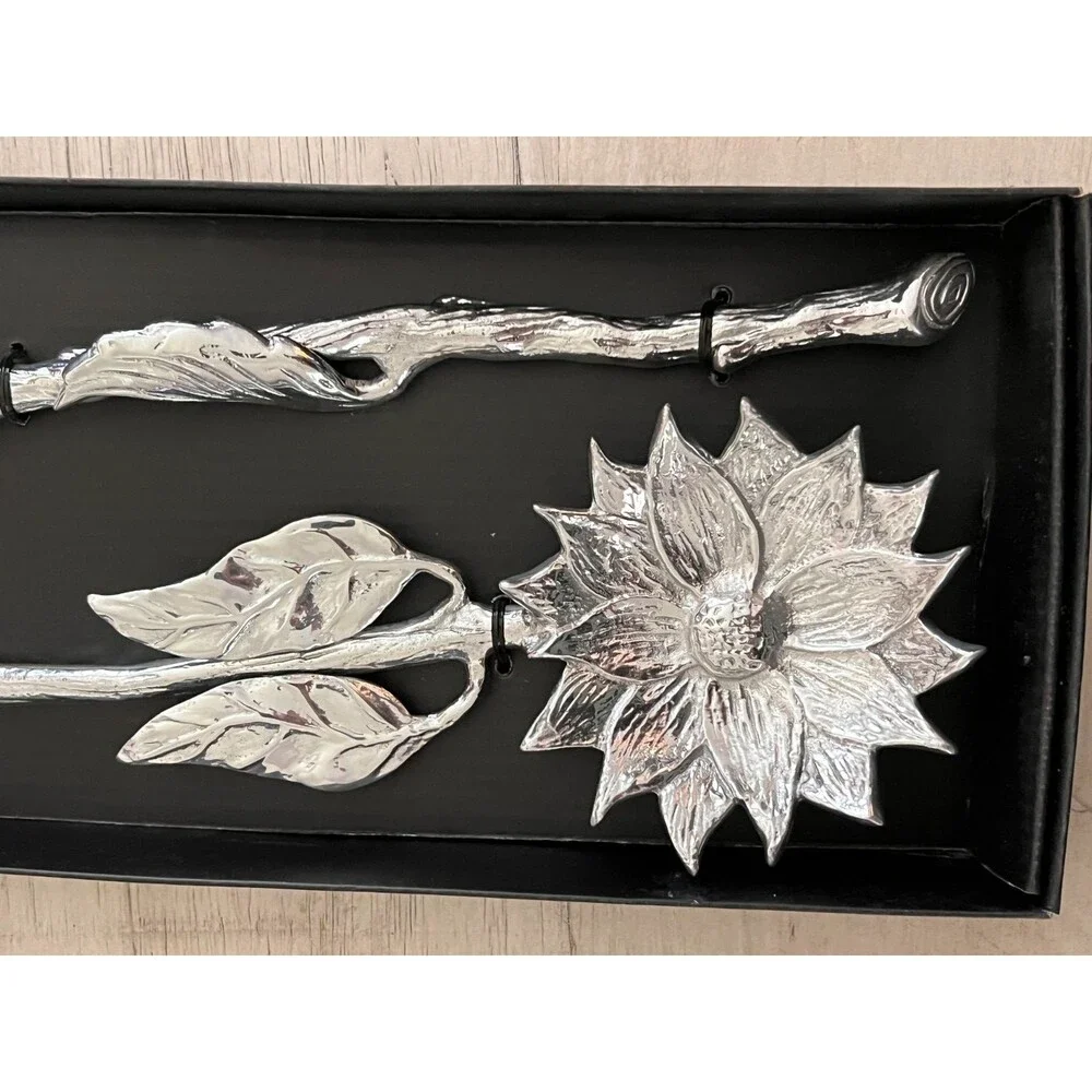 NIB Aluminum Salad Servers Set Sunflower Rose Floral Silver Wedding Party Gift